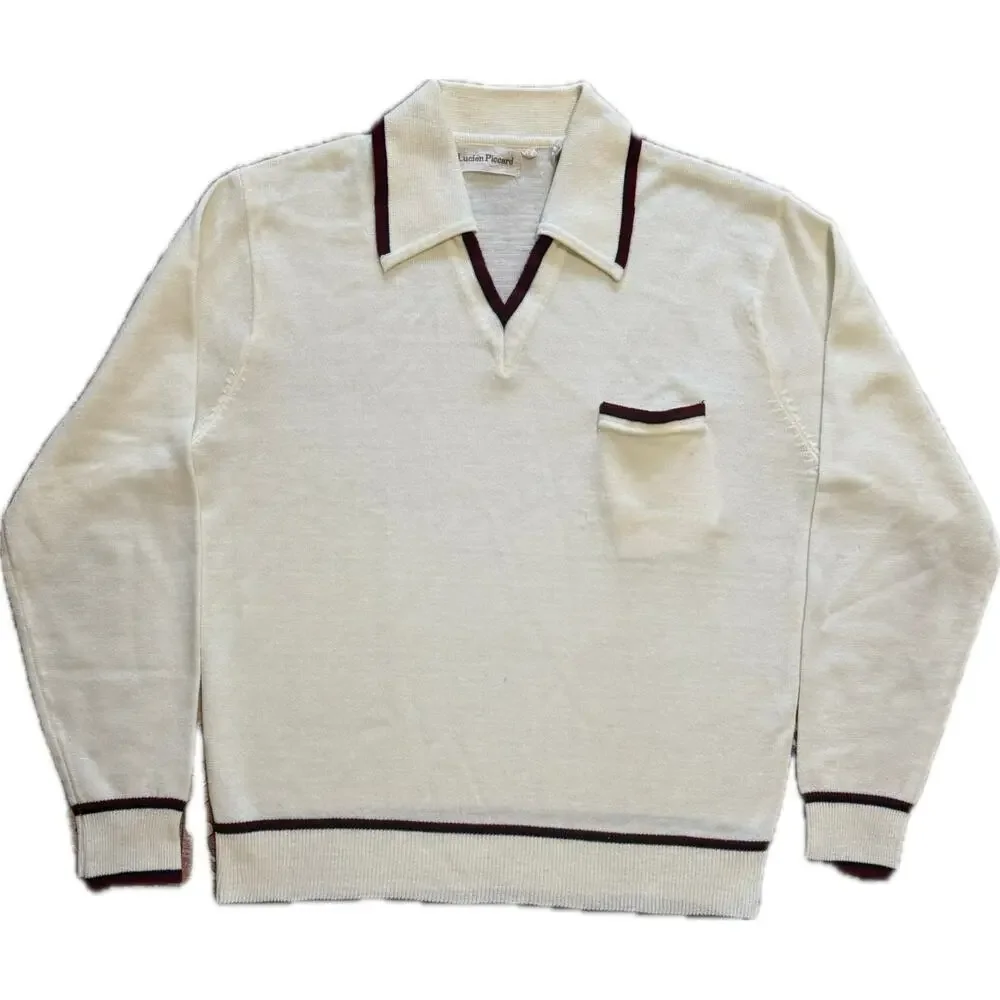 Vintage 70s Lucien Piccard Cream Knit Polo Sweater Burgundy Trim Large Boxy